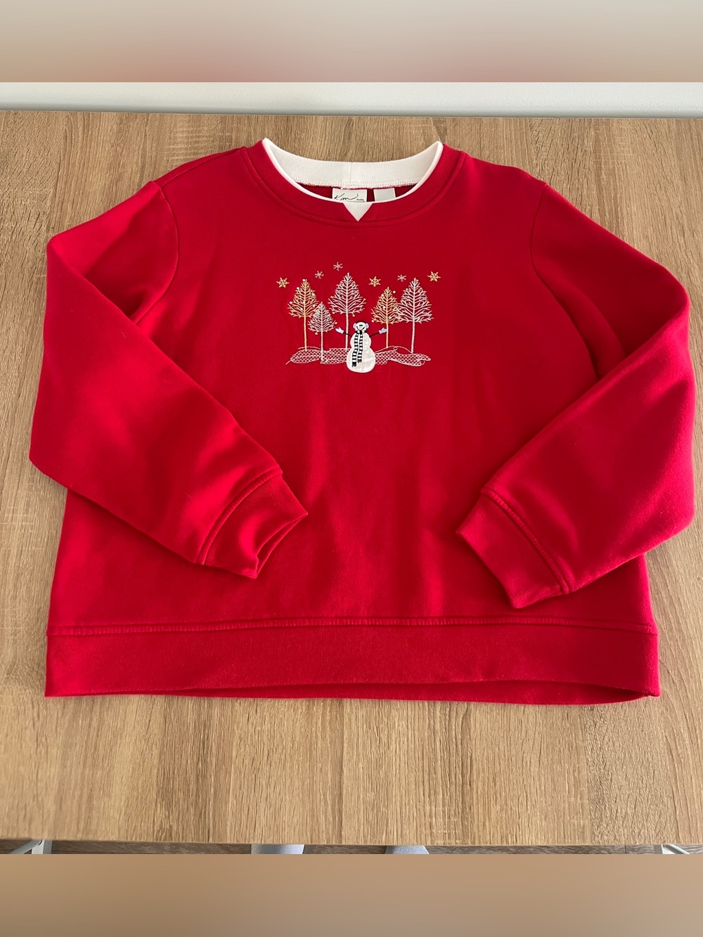 Kim Rogers Red Crewneck Sweatshirt with White Snowman Embroidery